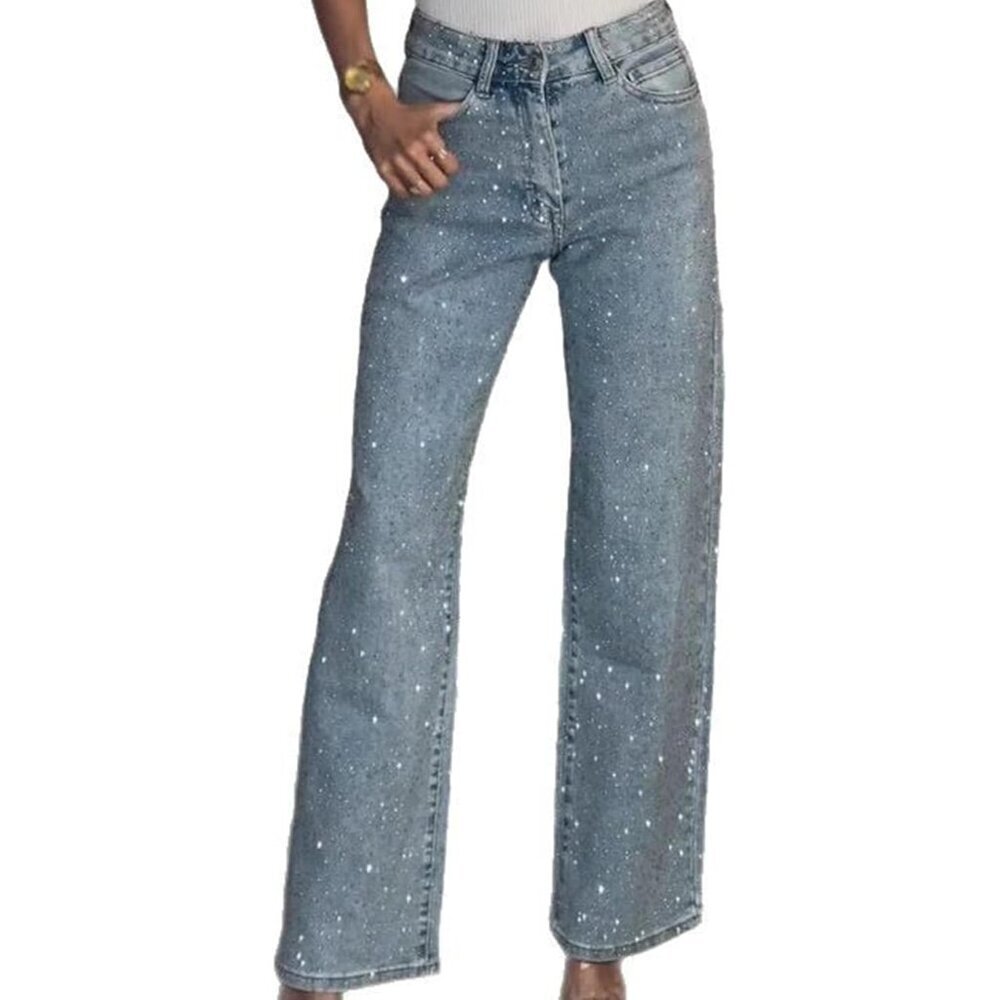 Rhinestone Pearls High Waisted Straight Leg Jeans Women Sparkly Colorful